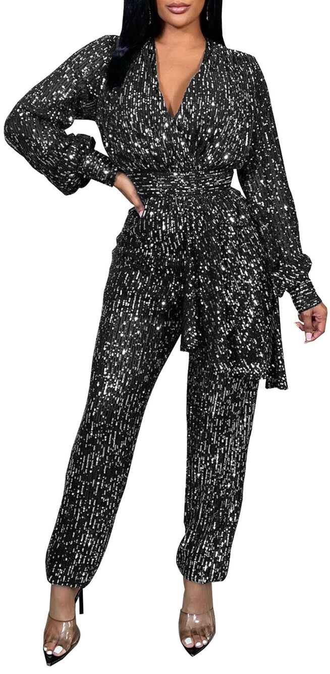 8935 Black 70s Sparkly Jumpsuit Elegant Long Sleeve V Neck Long Straight